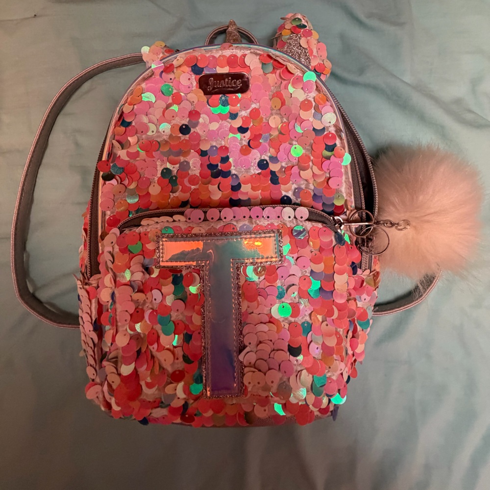 Justice Pink Sequin Backpack with Pom Pom